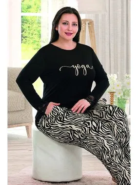 Lady Yoga Uzun Kollu Zebra Desenli Cepli Büyük Beden Kadın Pijama Takımı Lady 11370 - Alternatif Görünüm