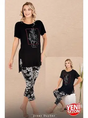 Lady Yuvarlak Yaka Çiçek Desenli Kısa Kollu Kapri Kadın Pijama Takımı Lady 12078