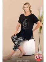 Yuvarlak Yaka Çiçek Desenli Kısa Kollu Kapri Kadın Pijama Takımı Lady 12078 Siyah detay görünüm