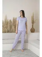 Yuvarlak Yaka Desenli Kısa Kollu Viskon Kadın Pijama Takımı Estiva 25109 Lila