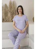 Yuvarlak Yaka Desenli Kısa Kollu Viskon Kadın Pijama Takımı Estiva 25109 Lila detay görünüm