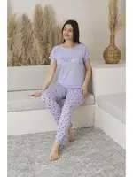 Yuvarlak Yaka Desenli Kısa Kollu Viskon Kadın Pijama Takımı Estiva 25109 Lila farklı açı