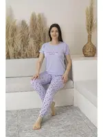 Yuvarlak Yaka Desenli Kısa Kollu Viskon Kadın Pijama Takımı Estiva 25109 Lila görsel 4