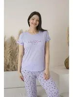 Yuvarlak Yaka Desenli Kısa Kollu Viskon Kadın Pijama Takımı Estiva 25109 Lila görsel 5