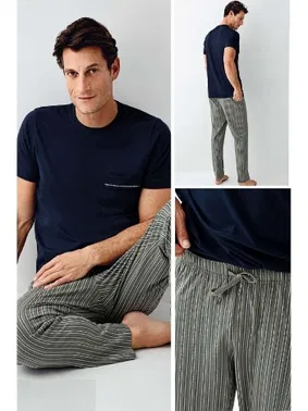 Arnetta Yuvarlak Yaka Kısa Kollu Çizgili Cepli Erkek Pijama Takımı Arnetta 3011-X