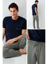 Arnetta Yuvarlak Yaka Kısa Kollu Çizgili Cepli Erkek Pijama Takımı Arnetta 3011-X