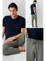 Yuvarlak Yaka Kısa Kollu Çizgili Cepli Erkek Pijama Takımı Arnetta 3011-X Yeşil