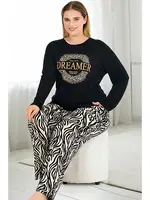 Yuvarlak Yaka Uzun Kollu Leopar Desenli Büyük Beden Kadın Pijama Takımı Lady 11383 Siyah
