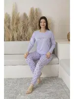 Yuvarlak Yaka Yazlık Desenli Uzun Kollu Viskon Kadın Pijama Takımı Estiva 25114 Lila görsel 5