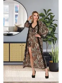 İzabel Zebra Desen Uzun İnce Askılı Gecelik Sabahlık İzabel Takımı US-6011