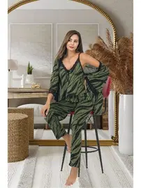 İzabel Zebra Desen Yeşil Pijama Sabahlık Takım İzabel SB-5011