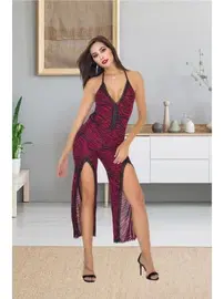 İzabel Zebra Desen Yırtmaçlı Fantazi Tulum Gecelik İzabel 504