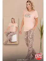 Zebra Desenli Bisiklet Yaka Kısa Kollu Kadın Pijama Takımı Lady 12595 Pudra