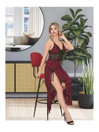 İzabel Zebra Desenli Derin Yırtmaçlı Dantelli Uzun Gecelik İzabel 2022