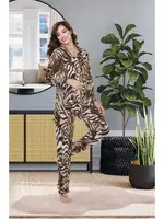 Zebra Desenli Düğmeli Uzun Kollu Pijama Takımı İzabel 4002 Kahverengi farklı açı