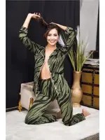 Zebra Desenli Gömlek Yaka Kadın Pijama Takımı İzabel 4007 Yeşil detay görünüm