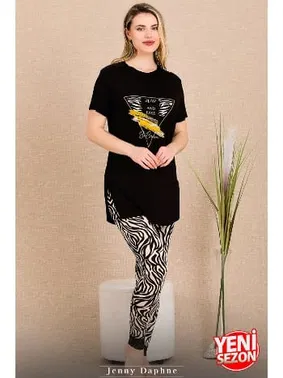 Lady Zebra Desenli Manşetli Paçalı Kısa Kollu Pijama Takımı Lady 12484 - Alternatif Görünüm