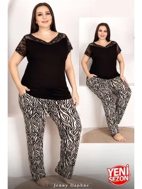 Lady Zebra Desenli Omuz Dantelli Büyük Beden Pijama Takımı Lady 10949