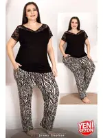 Zebra Desenli Omuz Dantelli Büyük Beden Pijama Takımı Lady 10949 Siyah