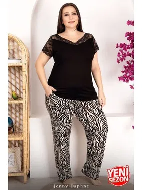 Lady Zebra Desenli Omuz Dantelli Büyük Beden Pijama Takımı Lady 10949 - Alternatif Görünüm