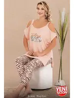 Zebra Desenli Omuzları Açık Kısa Kollu Kapri Kadın Pijama Takımı Lady 12076 Bej detay görünüm