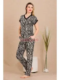 Lady Zebra Desenli Pamuk Viskon Kısa Kol Pijama Takımı Lady 12497