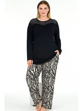 Lady Zebra Desenli Uzun Kollu Büyük Beden Cepli Pijama Takımı Lady 11388 - Alternatif Görünüm