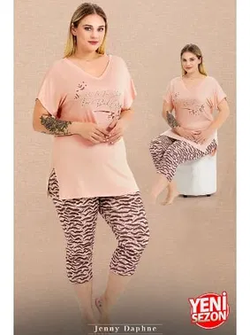 Lady Zebra Desenli V Yaka Kısa Kollu Büyük Beden Kapri Pijama Takımı Lady 10722 