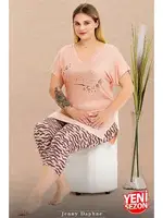 Zebra Desenli V Yaka Kısa Kollu Büyük Beden Kapri Pijama Takımı Lady 10722  Pudra detay görünüm