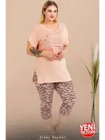 Zebra Desenli V Yaka Kısa Kollu Büyük Beden Kapri Pijama Takımı Lady 10722  Pudra farklı açı