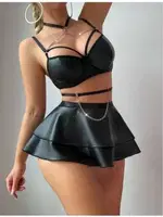 Zincir Aksesuarlı Büstiyerli Lame Jartiyer İpli Fantezi Elbise Real Passione 21100 Siyah