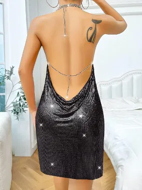 Pink Night Zincir Askılı Sırt Dekolteli Parlak Midi Elbise Pink Night 1105 - Alternatif Görünüm