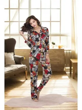 İzabel Zincir Desenli Gömlek Yaka Kadın Pijama Takımı İzabel 4004