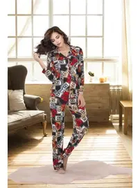 İzabel Zincir Desenli Gömlek Yaka Kadın Pijama Takımı İzabel 4004