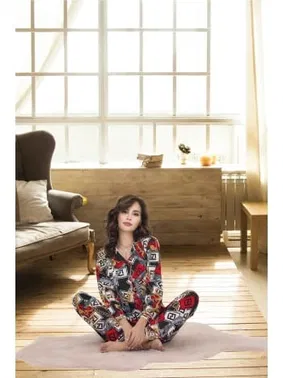 İzabel Zincir Desenli Gömlek Yaka Kadın Pijama Takımı İzabel 4004 - Alternatif Görünüm