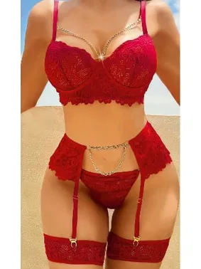 Ruselin Zincirli Bordo Bralet Takım Tanga Külotlu Sütyen Jartiyer Seti Ruselin 2053 - Alternatif Görünüm