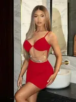 Zincirli Dekolteli Kırmızı Mini Club Elbise Real Passione E1034 Kırmızı görsel 4