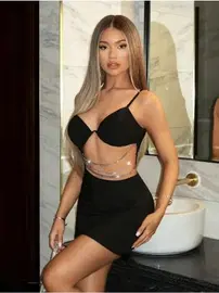 Real Passione Zincirli Siyah Dekolteli Midi Seksi Elbise Real Passione E1033