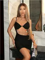 Zincirli Siyah Dekolteli Midi Seksi Elbise Real Passione E1033 Siyah detay görünüm