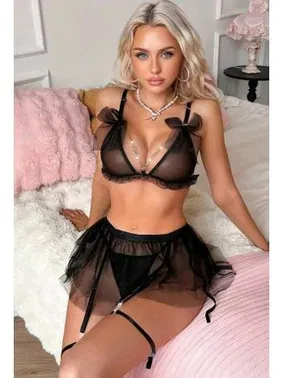 Ruselin Zincirli Tül Etekli Siyah Erotik Jartiyer Takım Ruselin 2198
