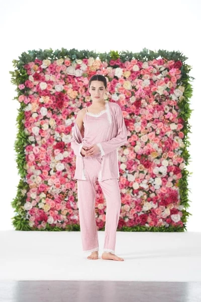 3lü Yazlık Desenli Sabahlıklı İp Askılı Likra Viskon Kadın Pijama Takımı 25193