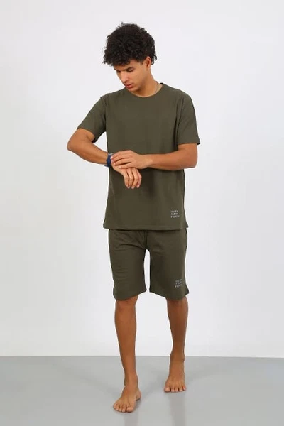 Kısa Kolu Erkek Pamuk Alt Üst Kaprili Pijama Takım Haki Akbeniz Akbeniz 6872