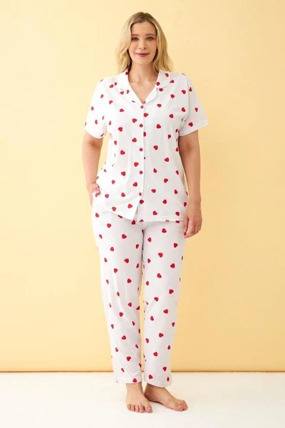 Gömlek Yaka Kalp Desenli Önden Düğmeli Büyük Beden Pijama Takımı Akbeniz 202515