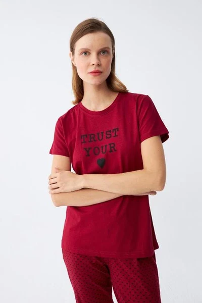 Kalp Desenli Kısa Kollu Kadın Bordo Penye Pijama Takımı Akbeniz 2785