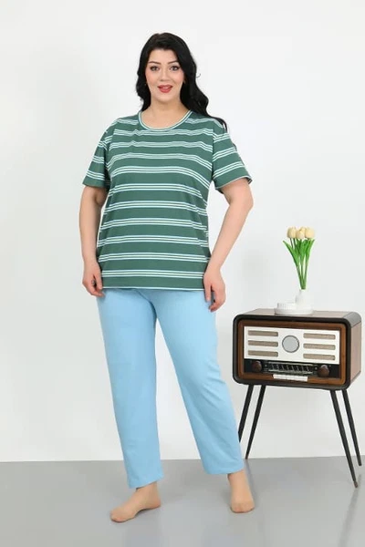Pamuklu Kısa Kollu Büyük Beden Penye Kadın Pijama Takımı Akbeniz 202505