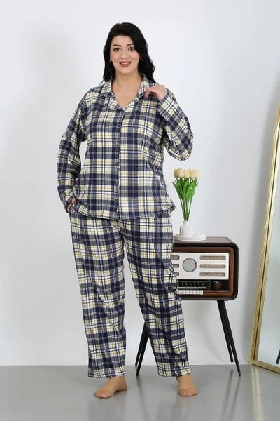 Büyük Beden Pamuklu Cepli Düğmeli Lacivert Pijama Takım Akbeniz 202504