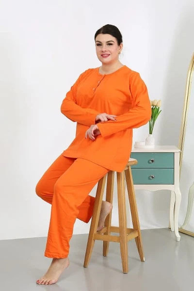 Düğmeli Büyük Beden Penye Uzun Kollu Kadın Pijama Takımı Turuncu Akbeniz 202501
