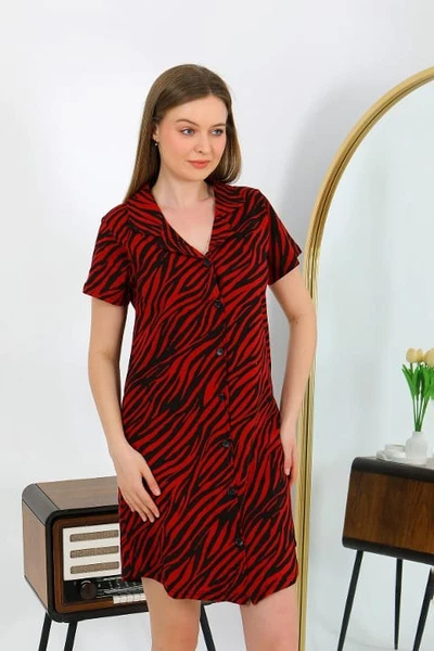 Pamuk Penye Kısa Kol Düğmeli Bordo Tunik Gecelik Akbeniz 13112