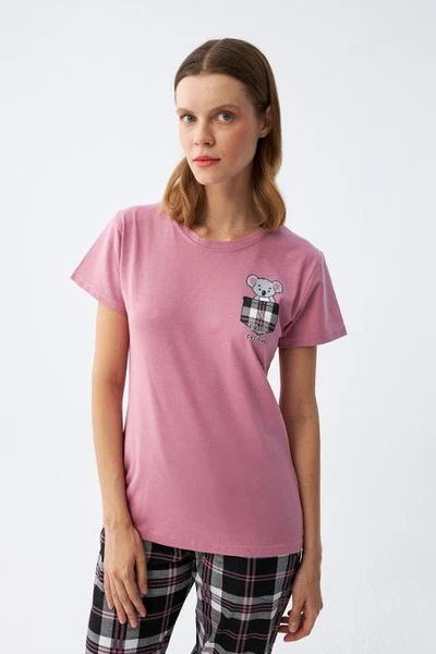 Ayıcık Baskılı Ekoseli Penye Kadın Somon Pijama Takımı Akbeniz 2786