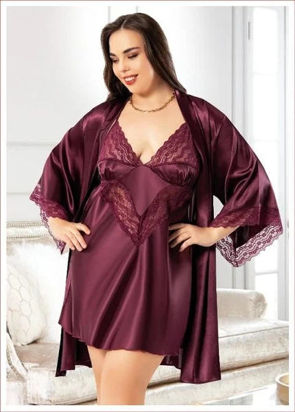 Asimetrik Dantelli Büyük Beden Saten Gecelik Sabahlık Takımı Miss Laris 6005